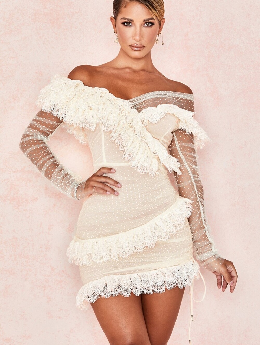 HOUSE OF CB Sorrel ivory lace frill mini dress